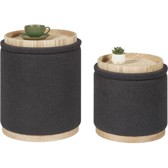 Round Ottoman with Storage Set of 2, Storage Ottoman with Tray, Teddy Velvet Ottoman Storage Modern Multifunctional Foot Rest Stool for Bedroom, Living Room, Dorm (Dark Grey)