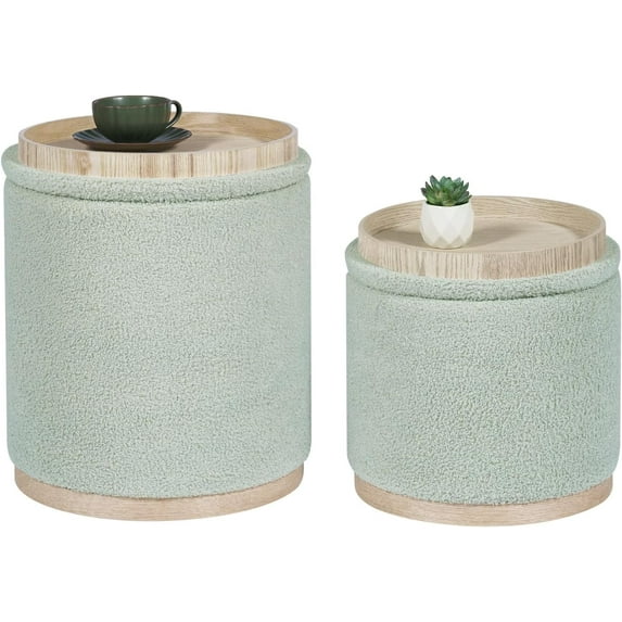 Round Ottoman with Storage Set of 2, Storage Ottoman with Tray, Teddy Velvet Ottoman Storage Modern Multifunctional Foot Rest Stool for Bedroom, Living Room, Dorm (Green)