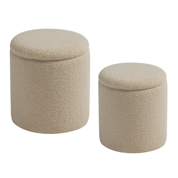 Round Ottoman with Storage Set of 2-Upholstered Sherpa Vanity Stool for Makeup Multifunctional Ottomans Coffee Table Padded Seat Foot Rest for Living Room&Bedroom