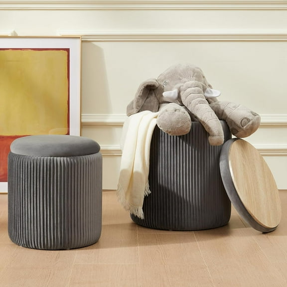 Round Ottoman with Storage Set of 2 Upholstered Velvet Vanity Stool for Makeup Lines Support 300lbs Ottomans Multifunctional Foot Rest Coffee Table Padded Seat for Living Room&Bedroom