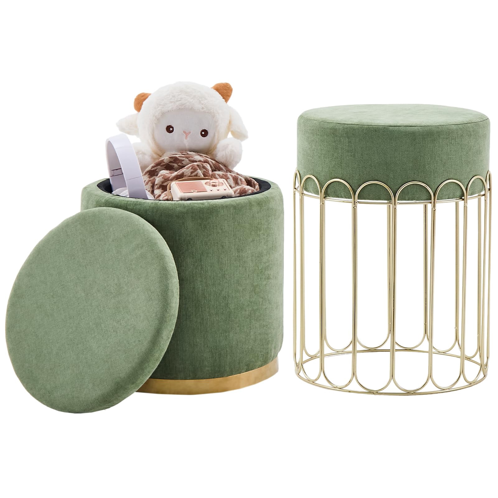 Round Ottoman with Storage, Set of 2, Vanity Stool Foot Rest with ...