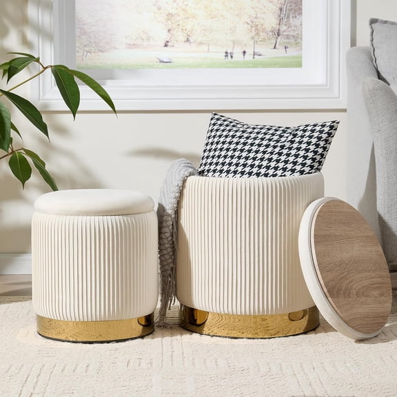 Round Ottoman with Storage Set of 2, Vanity Stool with Storage for Bedroom, Ottoman Coffee Table Gold-Tone Ring Around The Base, Small Velvet Foot Stool for Living Room, Beige