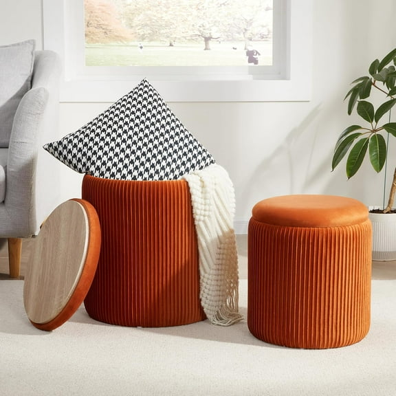 Round with Storage Set of 2,Vanity Stool with Storage for Bedroom, Ottoman Coffee Table,Small Velvet Foot Stool for Living Room, Orange