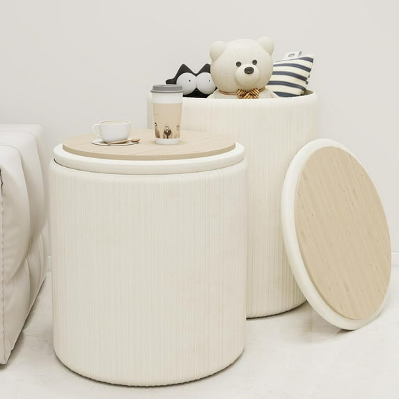 Round Ottoman with Storage Set of 2, Velvet Nesting Ottoman for Living Room,Bedroom,Dorm,RV, Flip-up Lid Coffee Table, Upholstered Makeup Vanity Stool,Multifunctional Foot Rest 330lbs Load Beige