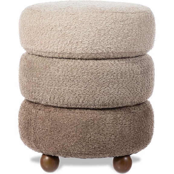 Round Ottoman with Storage, Small Foot Stool, Modern Accent Stool Upholstered Vanity Stool with Rubberwood Ball Feet for Bedroom Living Room Dorm Room, Gradient Brown