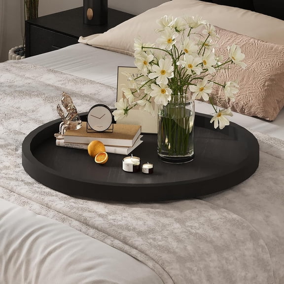 Round Ottoman Tray for Coffee Table Living Room Wood Serving Tray Large Wooden 20 Inches Black