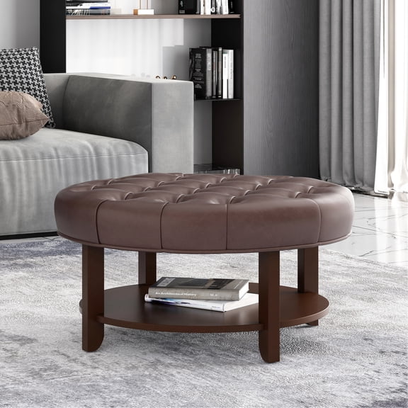 Round Ottoman | Used as Seating or Accent Table | Faux Leather with Good Texture | Rubberwood Frame for a Natural Look