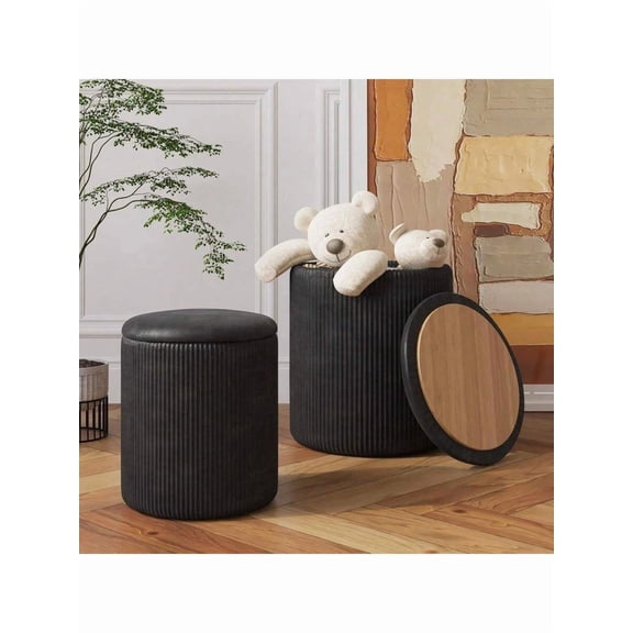Round Ottoman With Storage Set Of 2, Velvet Vanity Stool, Pouf Ottoman Foot Rest, Dual Ottoman Set, Multifunctional Ottomans For Living Room