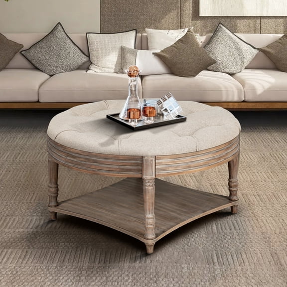 Round Ottoman for Living Room | Open & Closed Storage Options | Solid & Manufactured Wood | Keep Home Clean