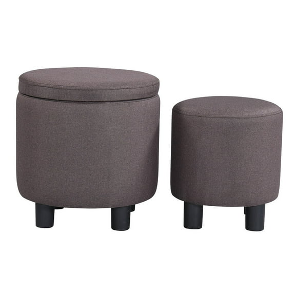 Round Ottoman with Storage - 2-Piece Upholstered Fabric Footrest Set for Living Room & Bedroom - Space-Saving Design (Brown)