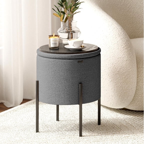 Round Ottoman with Storage, Boucle Foot Stool for Living Room Bedroom Vanity