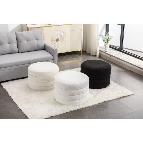 Round Ottoman with Storage Footstool | Used in Primary Living Spaces, Reversible Top | Velvet Material, No Assembly | Stores Books and Mobile Devices