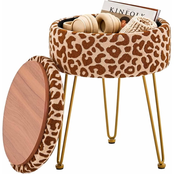 Round Ottoman with Storage Footstools Vanity Chair | Coffee Table Ottoman for Living Room (Leopard Orange)