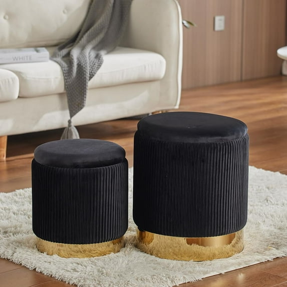 Round Ottoman with Storage Set of 2 Black Velvet Storage Ottoman for Living Room and Bedroom