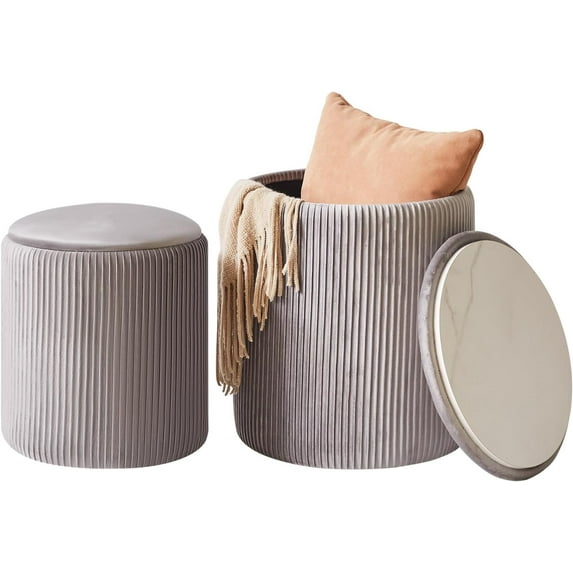 Round Ottoman with Storage Set of 2 Boucle Ottoman End Table for Living Room Vanity Stool Velvet Footrest Stool Bar Stool Grey UWBD005G