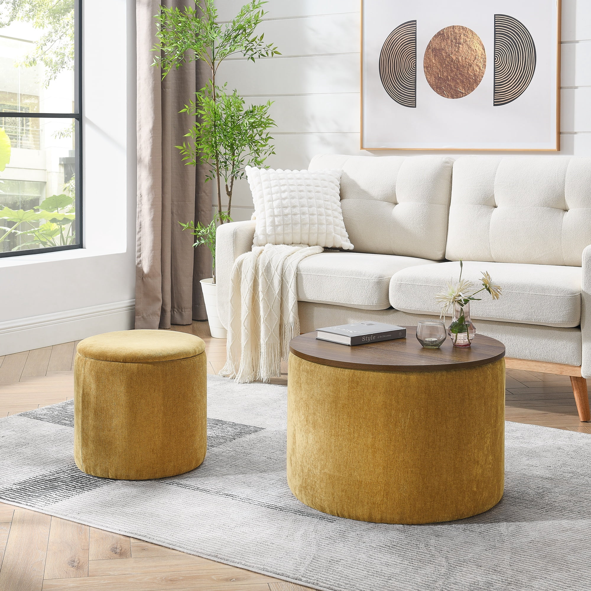 Round Ottoman with Storage Set of 2,Chenille Storage Ottoman with Small Stool for Living Room,Bedroom,Dark yellow