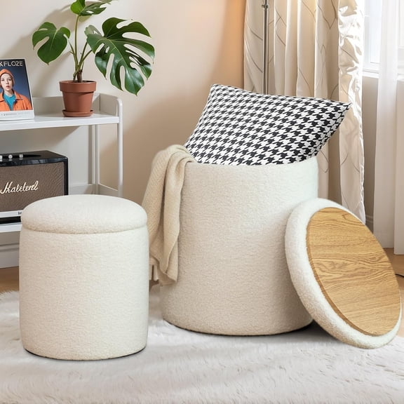Round Ottoman with Storage, Set of 2, Small Vanity Stool as Vanity Chair, Corduroy Ottoman Foot Rest for Small Space, Living Room, Bedroom, Beige