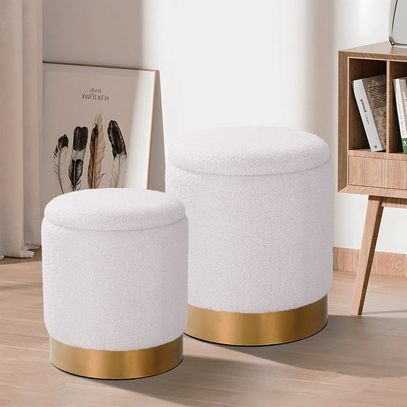 Round Ottoman with Storage Set of 2 Upholstered Velvet Vanity Stool for Living Room Storage Ottomans Multifunctional Foot Rest (Sherpa White)