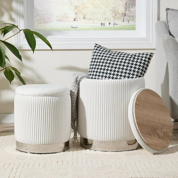 Round Ottoman with Storage Set of 2,Vanity Stool with Storage for Bedroom, Ottoman Coffee Table,Small Velvet Foot Stool for Living Room, Beige