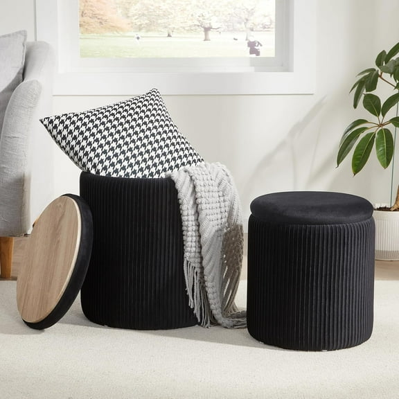 Round Ottoman with Storage Set of 2,Vanity Stool with Storage for Bedroom, Ottoman Coffee Table,Small Velvet Foot Stool for Living Room, Black