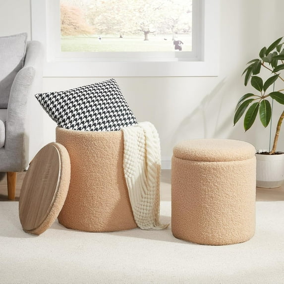 Boucle Round Ottoman with Storage Set of 2,Small Foot Stool Ottoman for Living Room, Ottoman Coffee Table,Vanity Stool with Storage for Bedroom, Beige