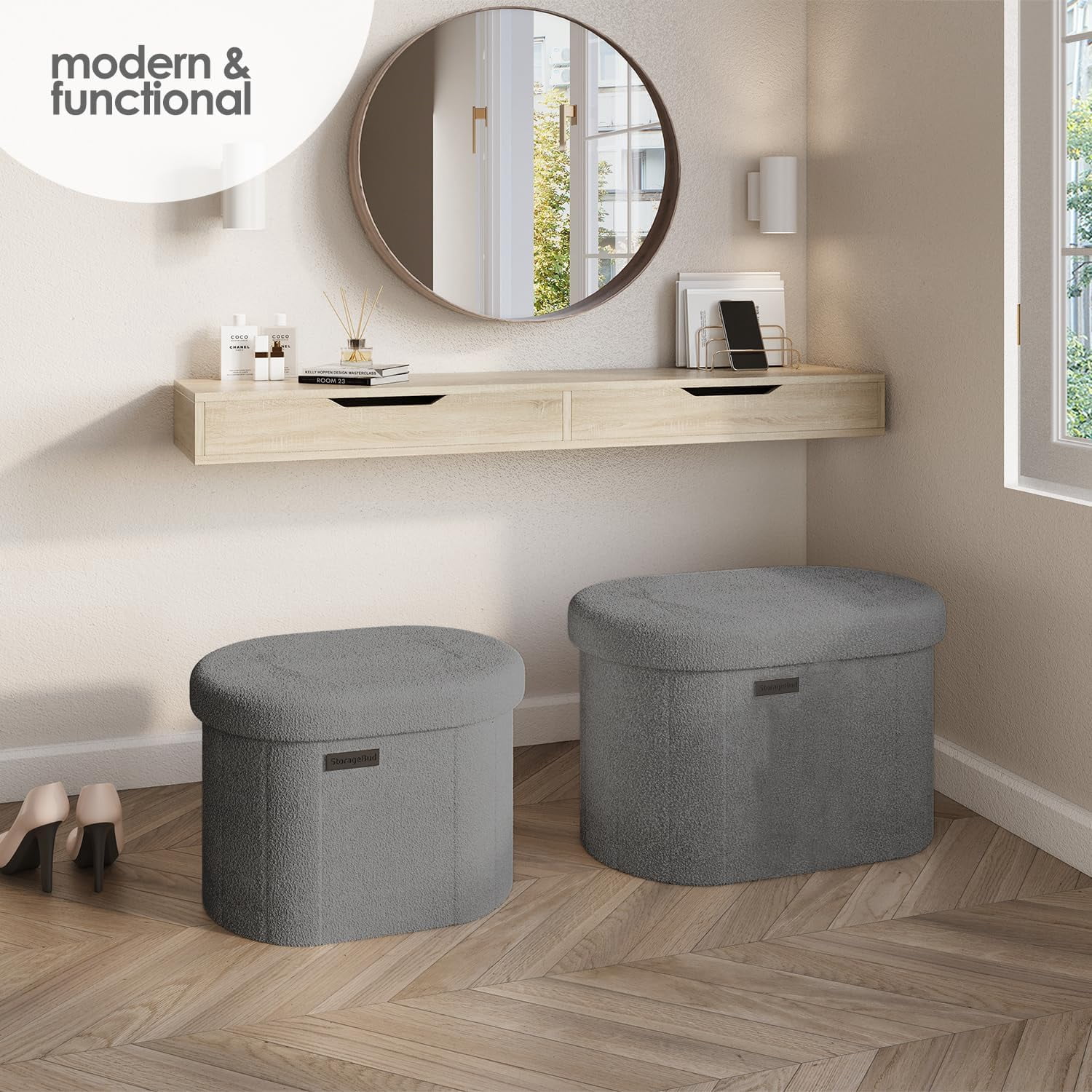 Round Ottoman with Storage for Living Room, 18 Inch Storage Ottoman, Small Ottomans Foot , Boucle Foot Stool Ottomans  330lbs,