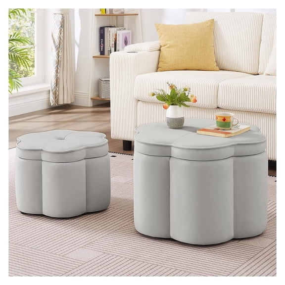 Round Ottomans Set of 2, Grey Flower Ottoman with Storage, Upholstered Vanity Stool, Modern Coffee Table for Living Room, Bedroom - Nesting Design