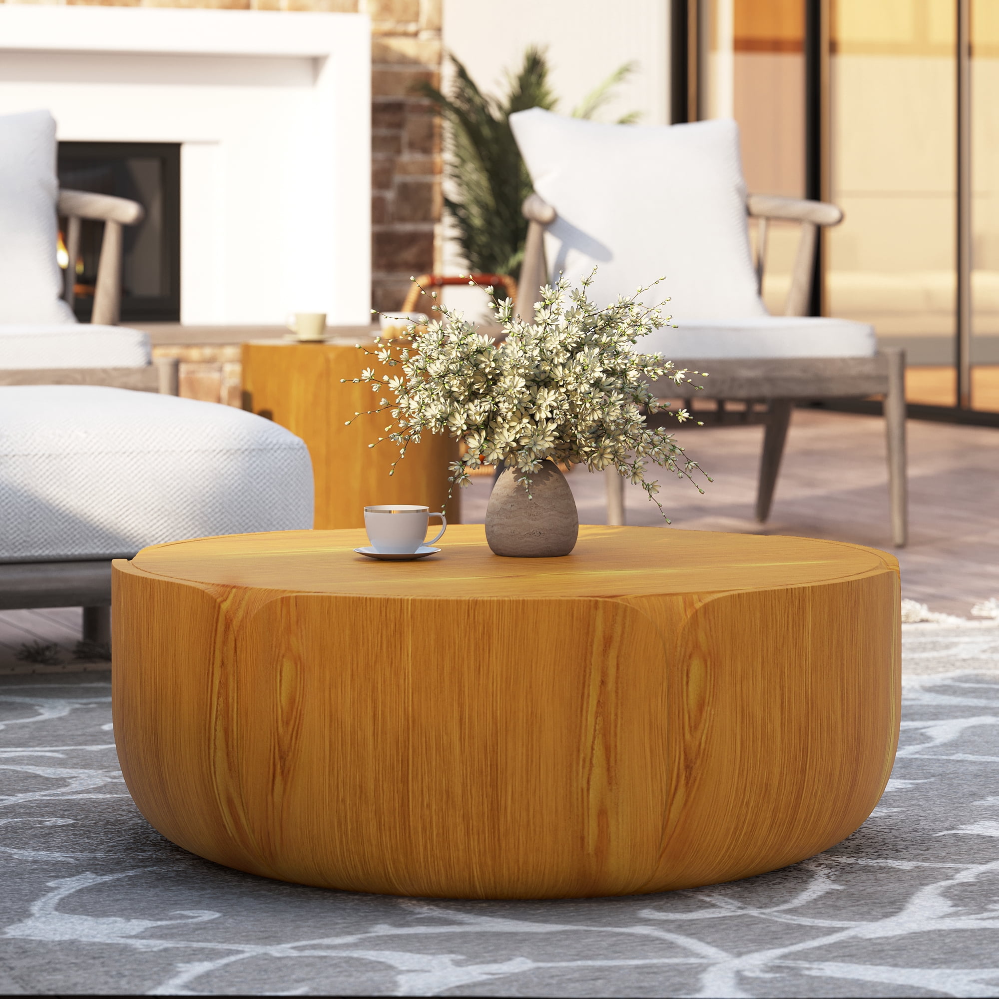 Round Outdoor Center Coffee Table, Drum Shaped Wood Grain Leisure Table for Patio Living Space, Natural