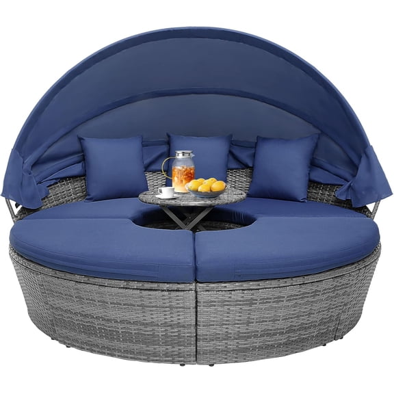 Round Outdoor Daybed with Canopy, Rattan Wicker Sectional Sofa Set w/Cushions, Height Adjustable Table, Conversation Bed Lounger Separated Seating for Outside Pool, Patio Daybed (Navy)
