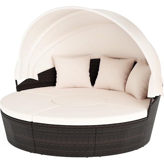 Round Outdoor Daybed with Retractable Canopy - PE Rattan Sectional Sofa w/ Center Table, Pillows, Separated Seating, Wicker Sunbed, Clamshell Conversation Set for Garden Patio Furniture Set