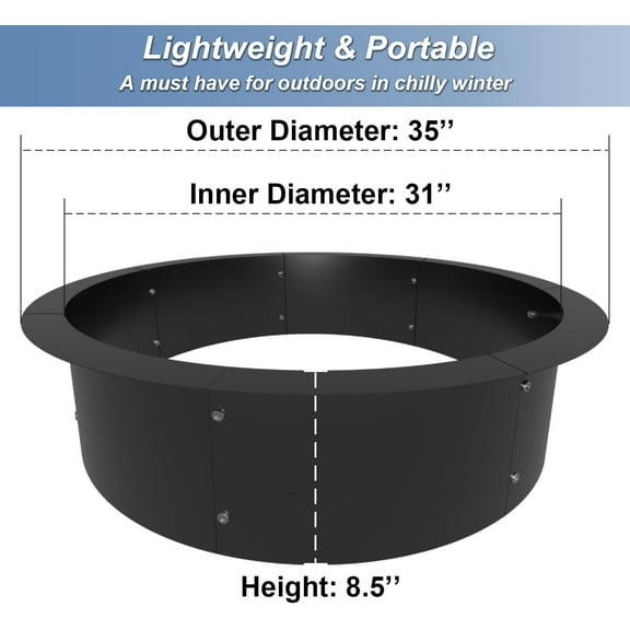 Round Outdoor Fire Pit Ring Insert 31-Inch Inner 35-Inch Outer Diameter, Heavy Duty Metal Steel Firepit Liner Campfire Rings for Outside Wood Burning Above or In-Ground, Black