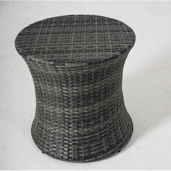 Round Outdoor Patio Side Table Faux Rattan End Table 20 Inch Hourglass Wicker Accent Mini Table Steel Frame Lightweight Gray