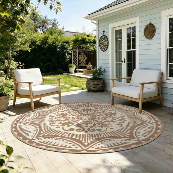 Round Outdoor Rug 5*5ft Waterproof Patio Plastic Straw Rug Collection Bohemia Reversible Outdoor Carpet for RV Camping Deck Balcony Graden Beach Boho Porch Decor,Beige