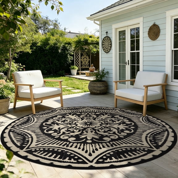 Round Outdoor Rug 6*6ft Waterproof Patio Plastic Straw Rug Collection Bohemia Reversible Outdoor Carpet for RV Camping Deck Balcony Graden Beach Boho Porch Decor,Black&Camel