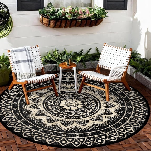 Round Outdoor Rugs 6ft Waterproof Patio Plastic Straw Rug Reversible Camping Carpet Lightweight Indoor Area Rug for Picnic RV Camping Balcony Graden Beach Boho Porch Decor,Black coffee
