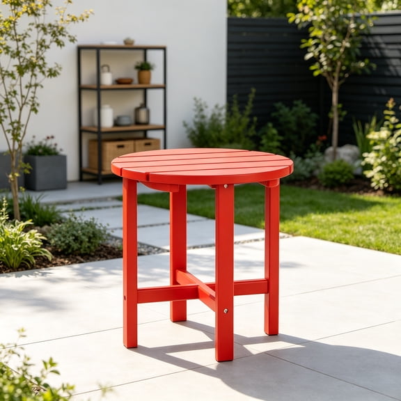 Round Outdoor Side Table, Adirondack Patio Table for Outside,  Patio End Table Weather Resistant, Balcony Table for Pool, Seaside, Backyard, Porch, Indoor Companion, Red