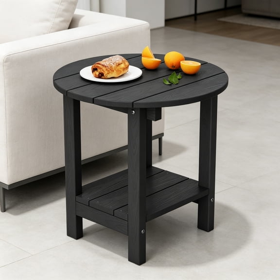 Round Outdoor Side Table, Adirondack Table 18 Inch Chairside End Table with Storage Shelf, 2-Tier Plastic Patio Side Table for Balcony, Backyard, Lawn, Black