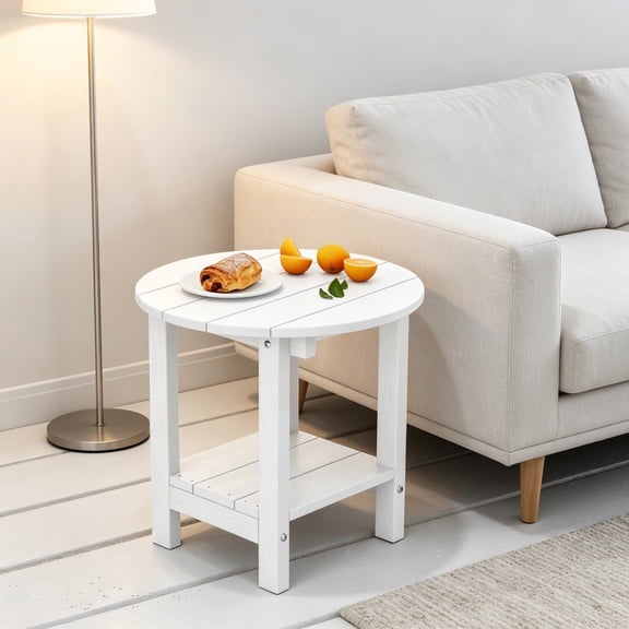 Round Outdoor Side Table, Adirondack Table 18 Inch Chairside End Table with Storage Shelf, 2-Tier Plastic Patio Side Table for Balcony, Backyard, Lawn, White