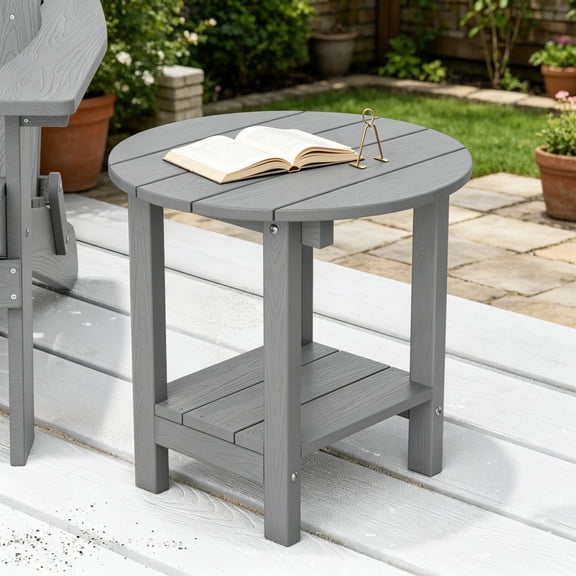 Round Outdoor Side Table, Adirondack Table 18 Inch Chairside End Table with Storage Shelf, 2-Tier Plastic Patio Side Table, Weather Resistant for Balcony, Backyard, Lawn, Grey, 2-Pack