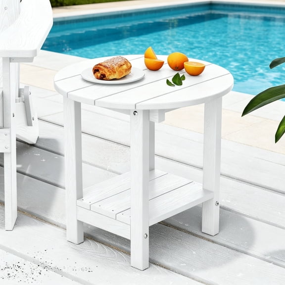 Round Outdoor Side Table, Adirondack Table 18 Inch Chairside End Table with Storage Shelf, 2-Tier Plastic Patio Side Table, Weather Resistant for Balcony, Backyard, Lawn, White, 2-Pack