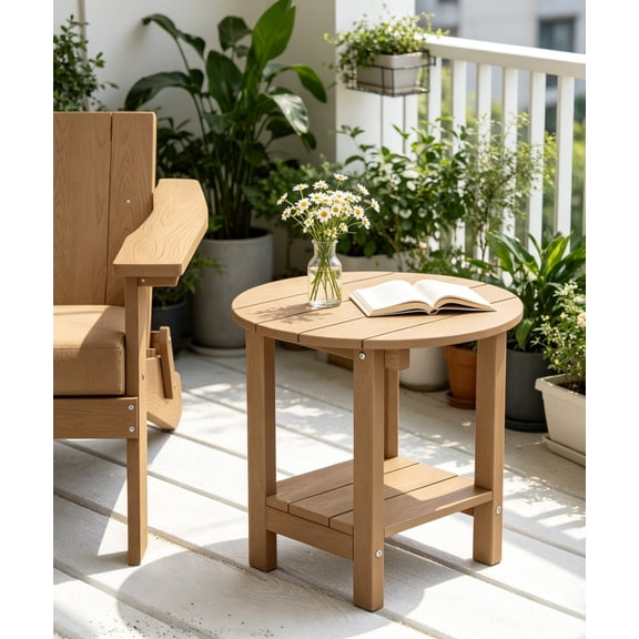 Round Outdoor Side Table, Adirondack Table 18 Inch Chairside End Table with Storage Shelf, 2-Tier Plastic Patio Side Table, Weather Resistant for Balcony, Backyard, Lawn, Teak, 2-Pack