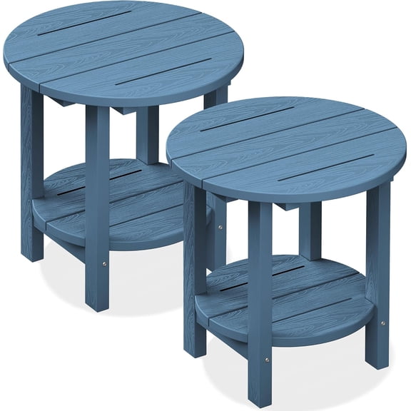 Round Outdoor Side Table Set Of Two, Weatherproof Double Deck Adirondack End Tables, Heavy Duty Resin Accent Table For Backyard Patio Deck Poolside Lounge Chairs, Navy Blue