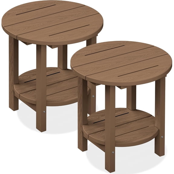 Round Outdoor Side Table Set of 2, HDPE Small Adirondack Double End Table, Brown
