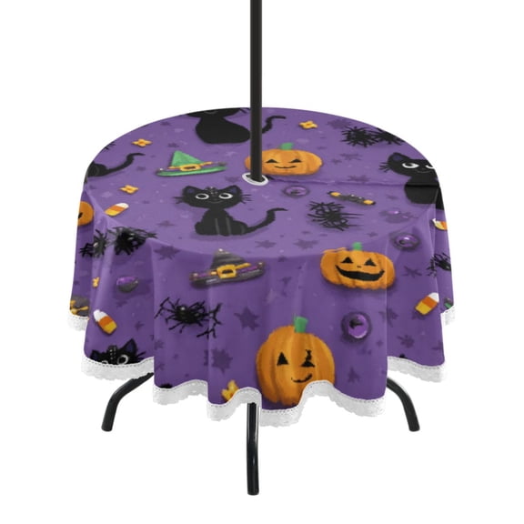 Round Outdoor Tablecloth 60 Inch Dining Table Cover with Lace Trim & Umbrella Hole for Outside Party Camping Black Cats and Pumpkins Pattern