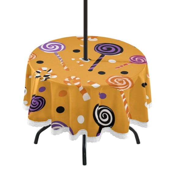 Round Outdoor Tablecloth 60 Inch Dining Table Cover with Lace Trim & Umbrella Hole for Outside Party Camping Candy Canes and Spiral Lollipops