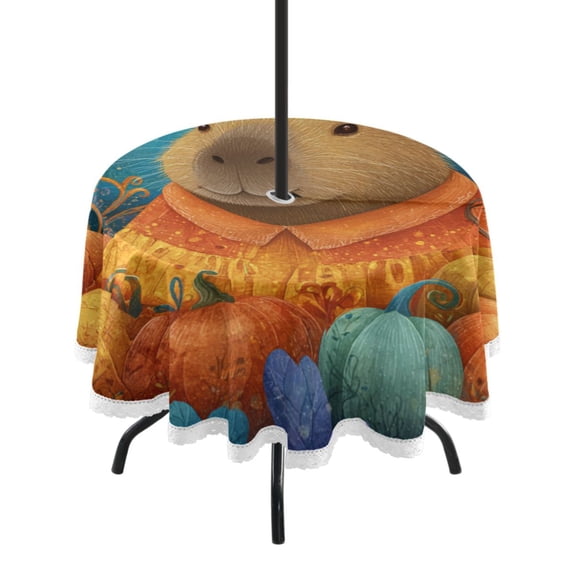 Round Outdoor Tablecloth 60 Inch Dining Table Cover with Lace Trim & Umbrella Hole for Outside Party Camping Capybara and Pumpkins