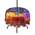 thumbnail image 1 of Round Outdoor Tablecloth 60 Inch Dining Table Cover with Lace Trim & Umbrella Hole for Outside Party Camping Cartoon-style Lantern with Pumpkins, 1 of 8