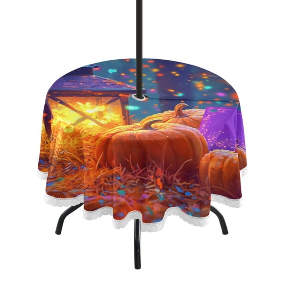 Round Outdoor Tablecloth 60 Inch Dining Table Cover with Lace Trim & Umbrella Hole for Outside Party Camping Cartoon-style Lantern with Pumpkins
