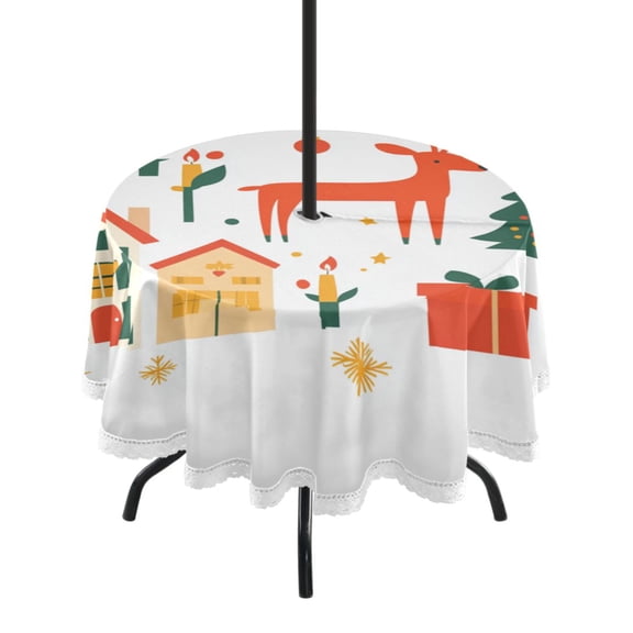 Round Outdoor Tablecloth 60 Inch Dining Table Cover with Lace Trim & Umbrella Hole for Outside Party Camping Christmas Element Clipart