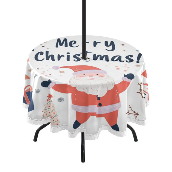Round Outdoor Tablecloth 60 Inch Dining Table Cover with Lace Trim & Umbrella Hole for Outside Party Camping Christmas-themed Clipart Collection